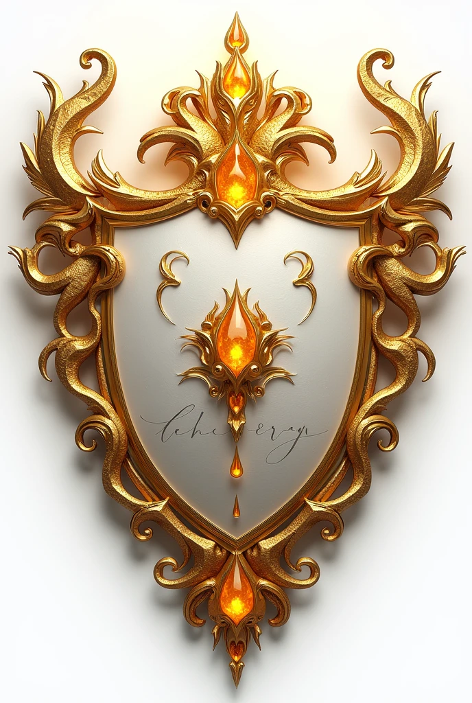 white and gold coat of arms adorned with gold dragon scales and elegant Citrine stones with the words “Etherea” written on them