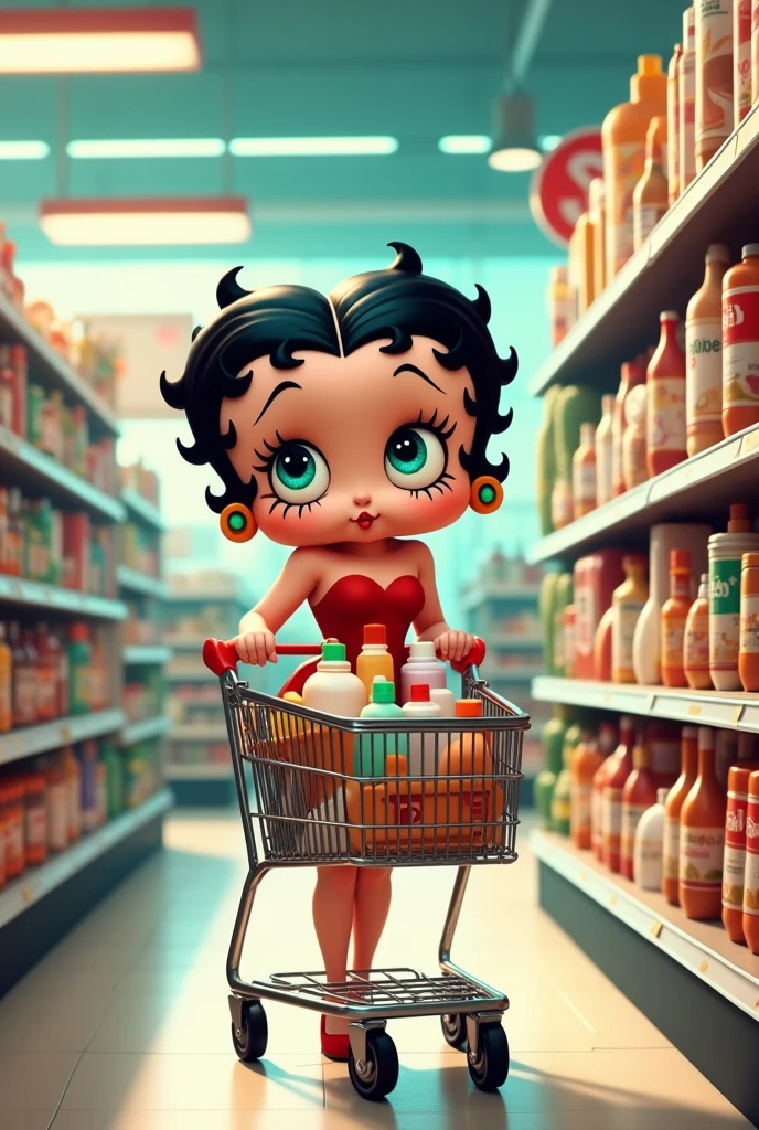 Betty boop in the supermarket with a shopping cart containing shampoo and personal hygiene products 