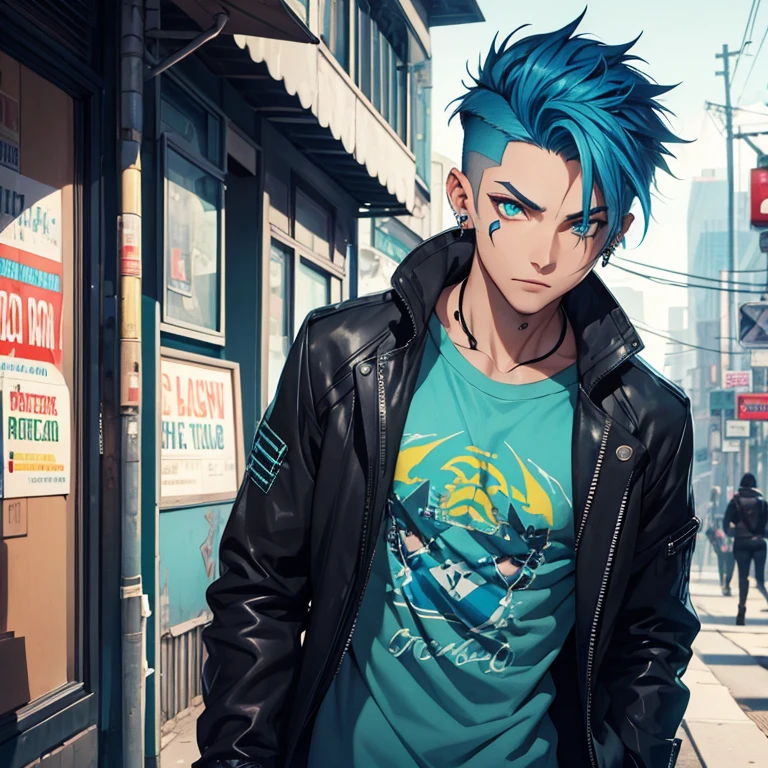 Young man, Blue cyberpunk hair in a wolf cut, green eyes, handsome, piercings, street style clothes, blue tiger shirt