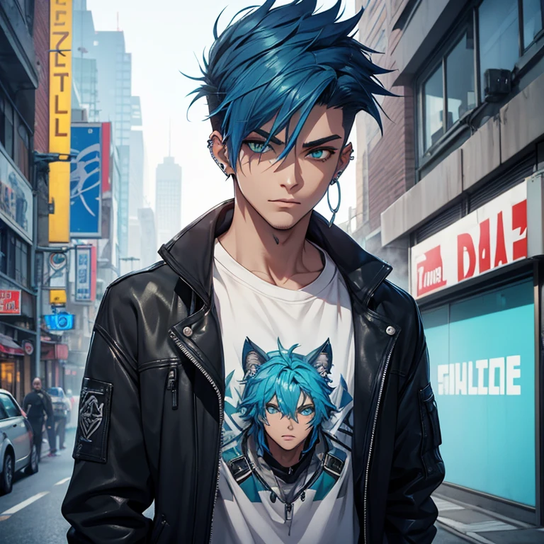 Young man, Blue cyberpunk hair in a wolf cut, green eyes, handsome, piercings, street style clothes, blue tiger shirt