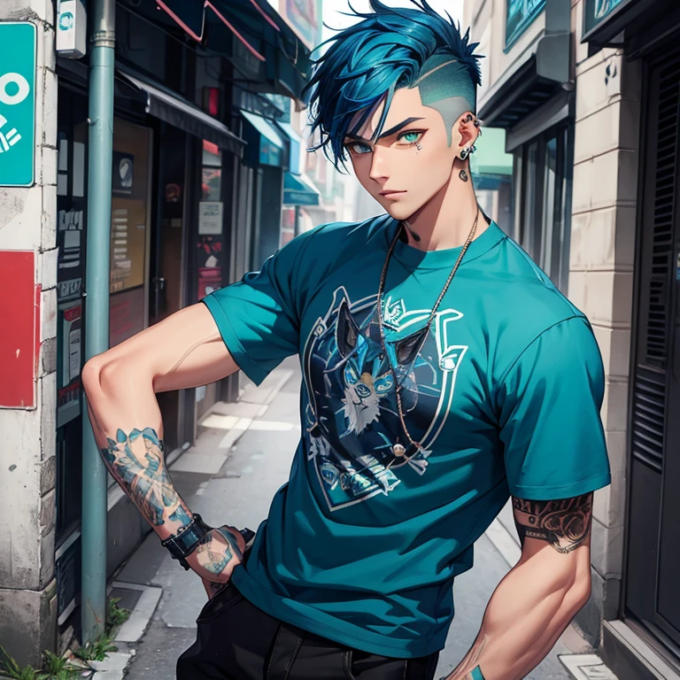 Young man, Blue cyberpunk hair in a wolf cut, green eyes, handsome, piercings, street style clothes, blue tiger shirt
