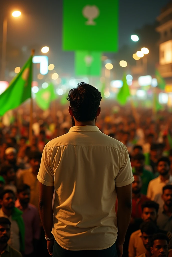 A large crowd of tamilnadu people of mostly men, gathered in a city street waving green flags and banners. In the center, a man with dark hair and beard wear white shirt is standing in platform a man face front view on a platform, addressing the crowd. Night time , creating a dramatic atmosphere golden sparkle,The entire front face should be visible clearly