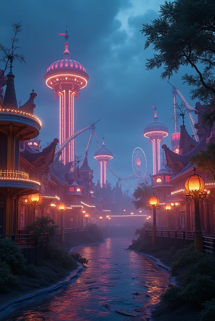 a detailed matte  painting of amusement park by evgeny lushpin, jim burns and greg rutkowski, haze, myst, dramatic atmospheric, realistic concept art , complementary colors,  8k resolution, trending on artstation,   wide-angle lens
