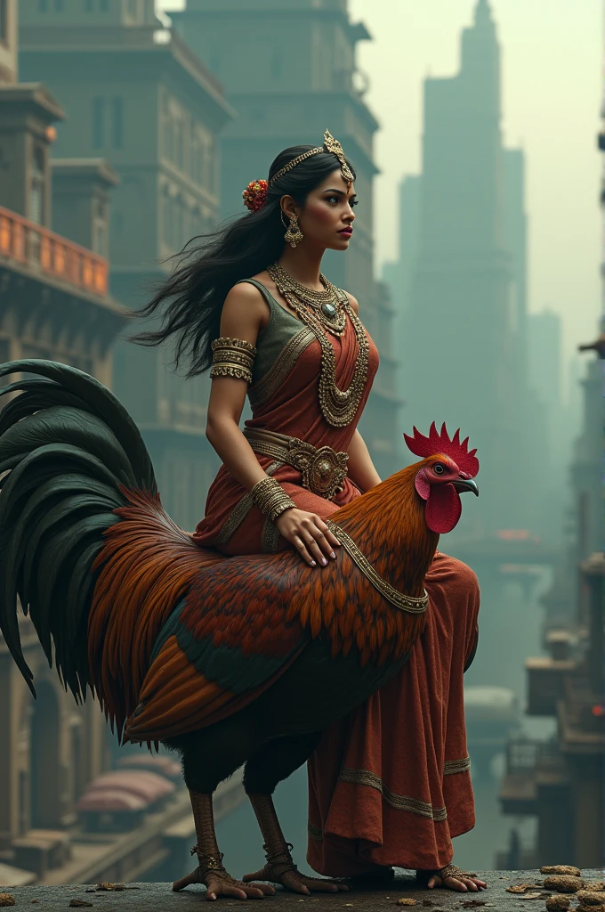 A goddess sitting on a rooster and the background should be of a big city horror and that goddess should be fully saree and blouse costume 3D