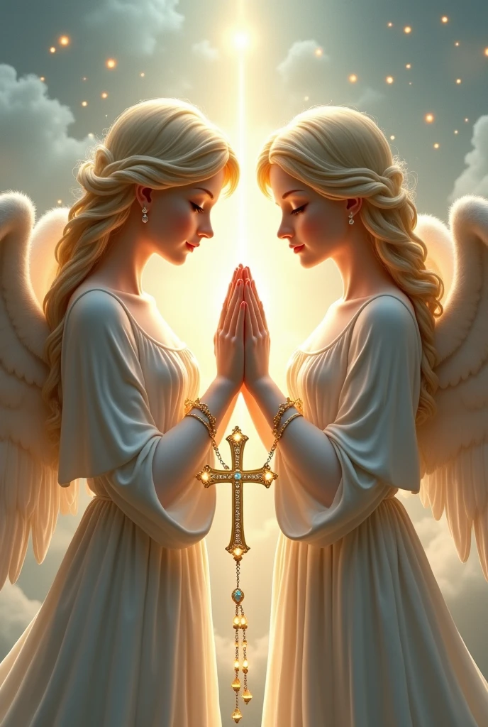 Pair of angels praying holding hands with a rosary 
