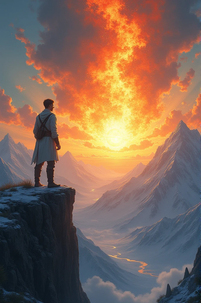A young man stand on a mountain clif looking in deep void , the sun high in the sky but big a fiery dragon going to eat the sun