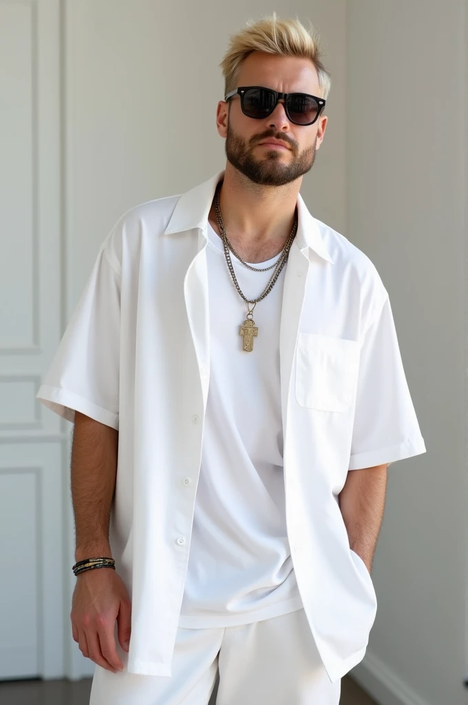 Create a profile picture based on influencer Ruyter Poulbel , with blonde hair, white oversize shirt , pants and sunglasses and beard , shorth hair , basic white t-shirt and goatee