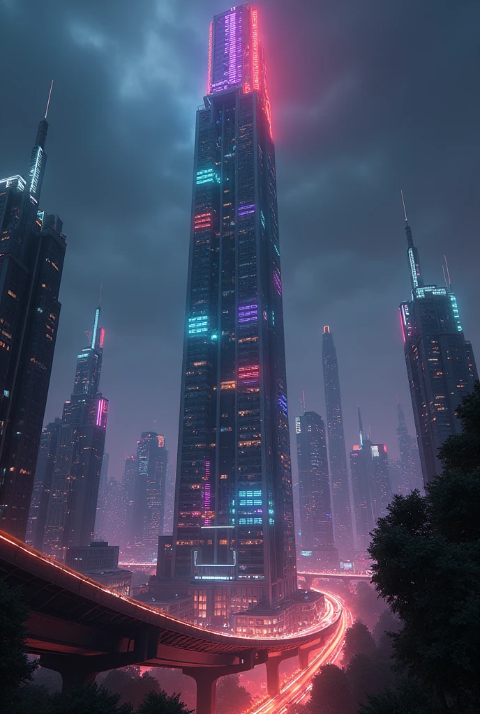 the very high tower in future urban night with colorful windows