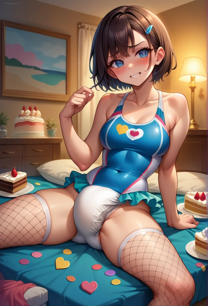 (2 girls ), body , body pequeño, Alone, ridiculously small swimsuit, blush intricate swimsuit, full-face rubor, ashamed, posing like a model, nice beach in the backgroundA,confident mommydom wearing a big bulbous puffy diaperart emojis, bedroom, fishnet stockings, pretty eyes, seductive, flirty, colorful, puffy dress,  rodiapers, confetti, cake,Black Silk,swimsuit,Big 
