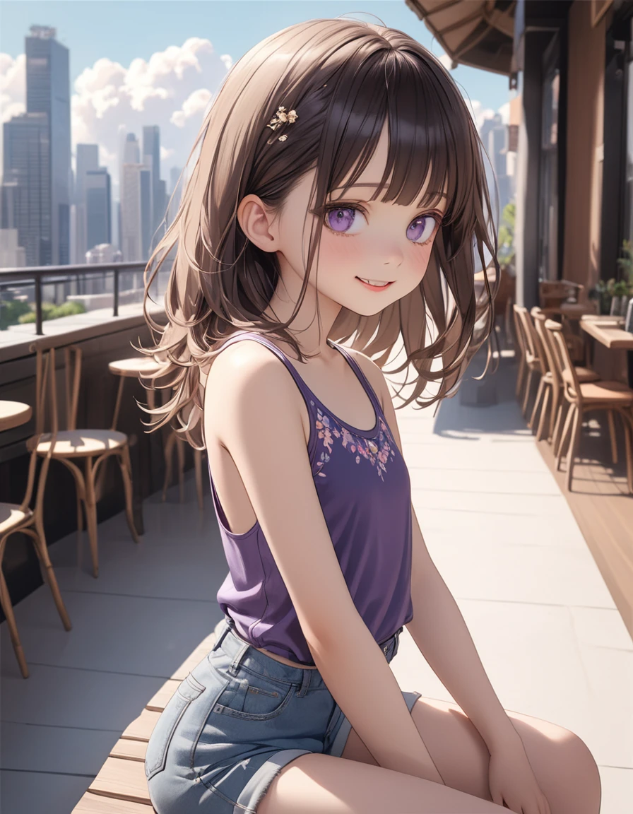 ((Masterpiece)), ((best quality)), ((wide shot)), profile, (super detail:1.2), (High Definition:1.3), ((extremely detailed)), (8K), (Professional Photography:1.2), (very aesthetic:1.2), (absurdres:1.2), (sharp focus), (perfect light), ((kawaii)), (drop shadow), ((1girl)),(()), (1girl), cute girl, naughty smile, (:d), (Beautiful deep purple eyes:1.2), (Healthy skin), Embroidered cute tanktop, small breast, slender waist, (loose blunt bangs), Beautiful Silky hair, (medium hair), ((beautiful pale brown hair)), shortpants, BREAK, 🌈, place hand on head, (cute cheeks), glossy lips, pouty lips, bags under the eyes, (lower eyelashes), (loose sitting on chair), on the café terrace, (the Midsummer Cafe Terrace), Beautiful cityscape Background, Large Cumulonimbus Clouds, pastel colors clouds, (detailed background:1.2), newest,clear line,