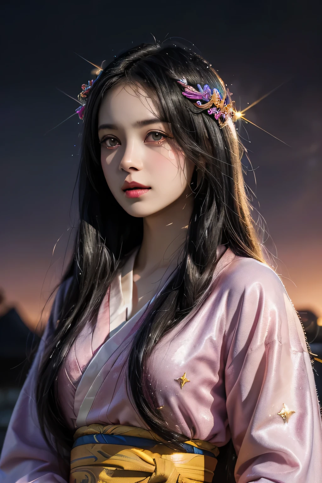 Nezuko from demon slayer. a young woman with long dark hair, beautiful detailed eyes, beautiful detailed lips, extremely detailed face, longeyelashes, wearing a pink kimono, (best quality,4k,8k,highres,masterpiece:1.2),ultra-detailed,(realistic,photorealistic,photo-realistic:1.37),digital painting,exquisite detail,intricate details,highly detailed,vivid colors,warm lighting,cinematic lighting,dramatic lighting, iridescence, dramatic angle, space, (floating colorful sparkles:1.3), Dramatic Lighting, Chiaroscuro, Evocative Depth. Portrait.