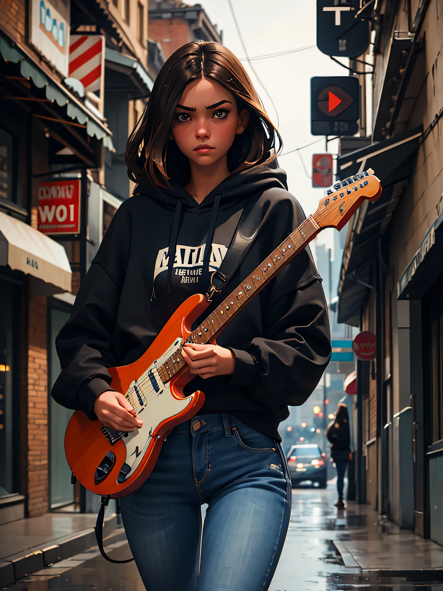 a pretty young brunette girl, 22 years old, wearing a black hoodie and blue jeans, walking down an urban street, pensive and slightly sad expression, detailed facial features, detailed eyes and lips, intricate urban background, moody lighting, cinematic composition, photorealistic, high quality, 8k, ultra-detailed, Plays electric guitar