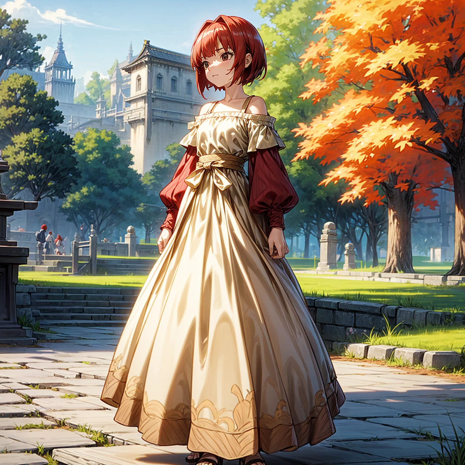 Solo character, full body version, , black eyes, red color hair, short bob hair, long dress clothing, yellow color dress, bare shoulder clothing, long skirt, sandals, outdoor, Park, town, medieval, morning, standing gesture, detailed background, detailed clothing, detailed hair, (kyoto animation style art)