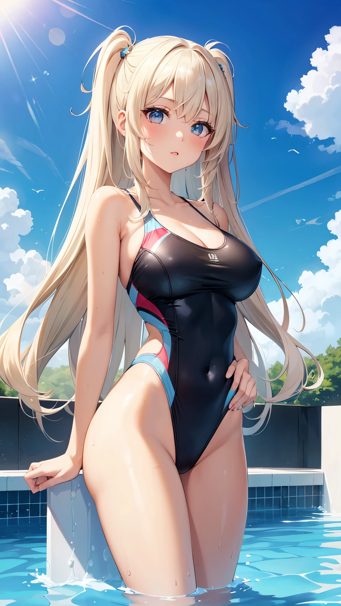 ((Best Quality)), (ultra-detailliert), ((Extremely detailed)), (Beautiful), ((Kawaii Girl)), ((UHD)), (masterpiece), (high quality), (best quality), (4K), (high quality), 1, solo woman, 1woman, ((platinum blond hair)), parted bangs, ((hair intakes)), long hair, (hair two side up long), ((jade colored eyes)), slanted eyes, large breasts, slender body, competition swimsuit, Pool Background, (blue sky:1.3), solar, sunlight, anime style