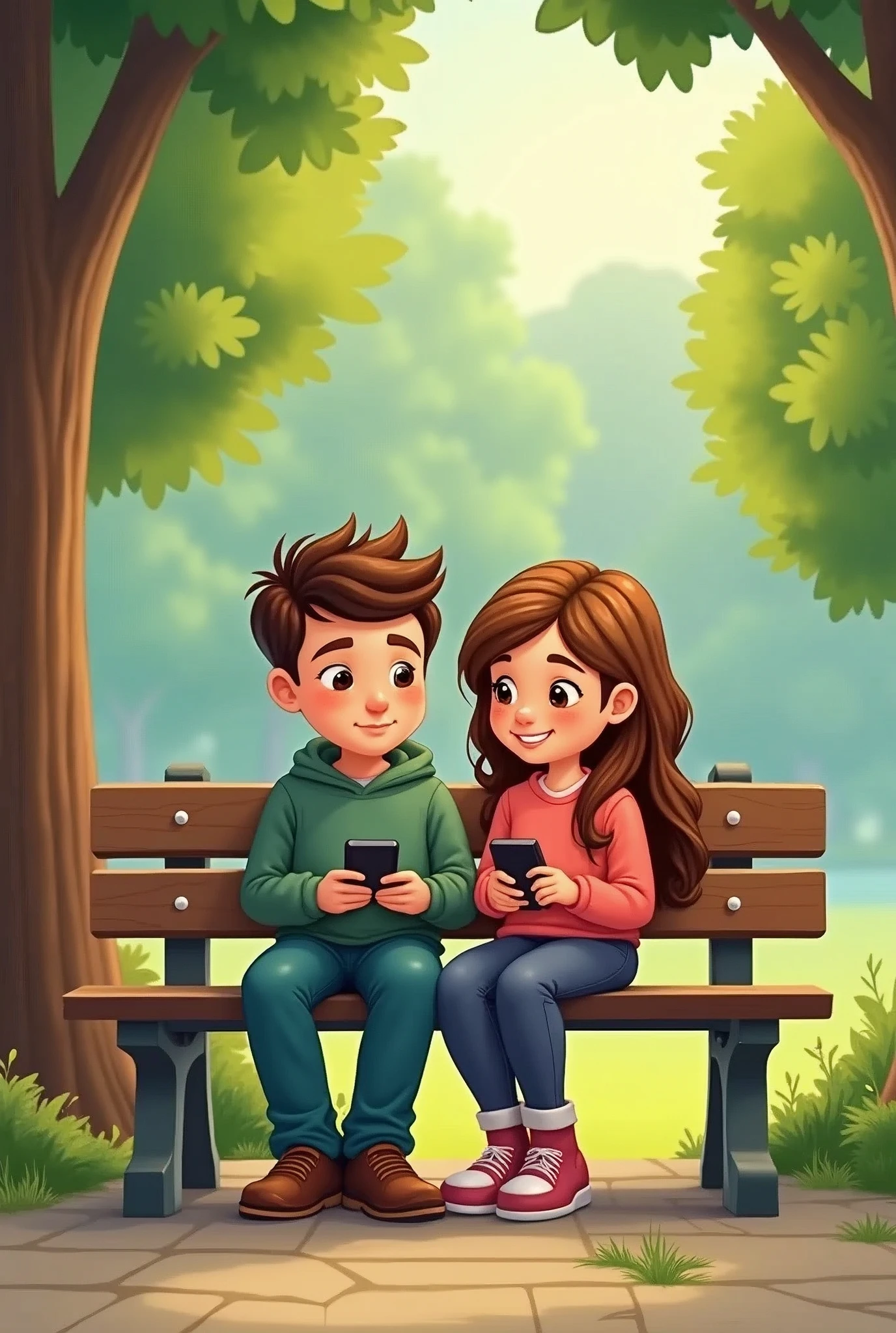  a park, Of friends, Charles and Anna, sitting on a bench. They are both looking at their phones intently. cartoonish 
