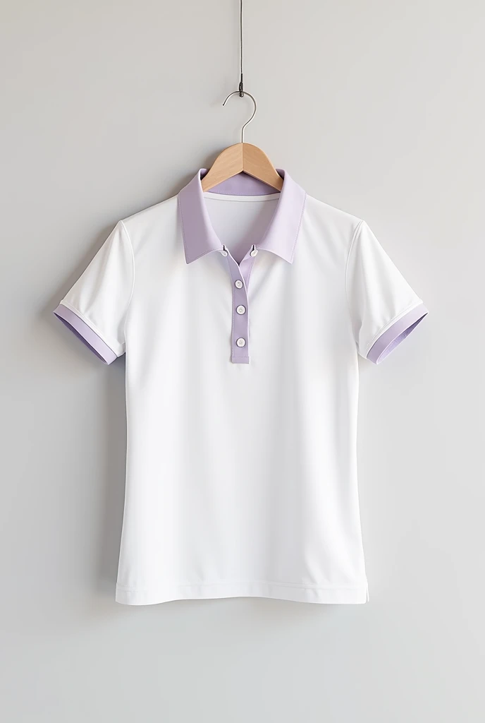Mockup of a completely white polo shirt for women, except for the part where the 2 buttons go, which is lilac.