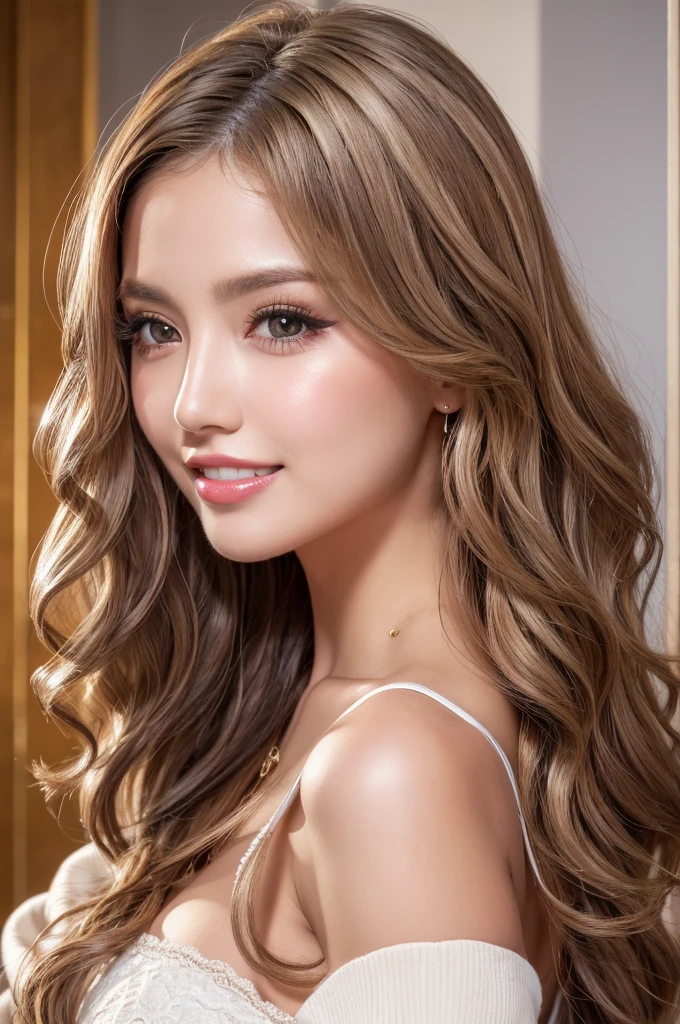 ((Highest quality, Tabletop, Ultra-high resolution、The most complex and detailed depiction))、(Face close-up:1.5),(One beautiful woman:1.8)、(Very light brown wavy hair:1.8), (Accurate anatomy:1.1)、Colored contact lenses、Perfect Makeup、Natural Lip、Highly saturated eyeshadow、sexy black bra、Sexy black small panties、、Blurred Background, Look at me and smile、Luxurious Room、(Ultra-high resolution光沢, Fair skin:1.1)、Ultra-high resolutionの顔、Ultra-high resolutionの髪、Ultra-high resolution sparkling eyes、Ultra-high resolution glossy lips、(Brightly lit white skin:1.1)、Beautiful face drawn in every detail、Ultra-high resolution perfect beautiful teeth、whole body, Shoulders exposed:1.8,Front Angle:1.8,Slim figure:1.5,D-cup soft breasts:1.8,Glamorous Body:1.1,Small face:1.3,