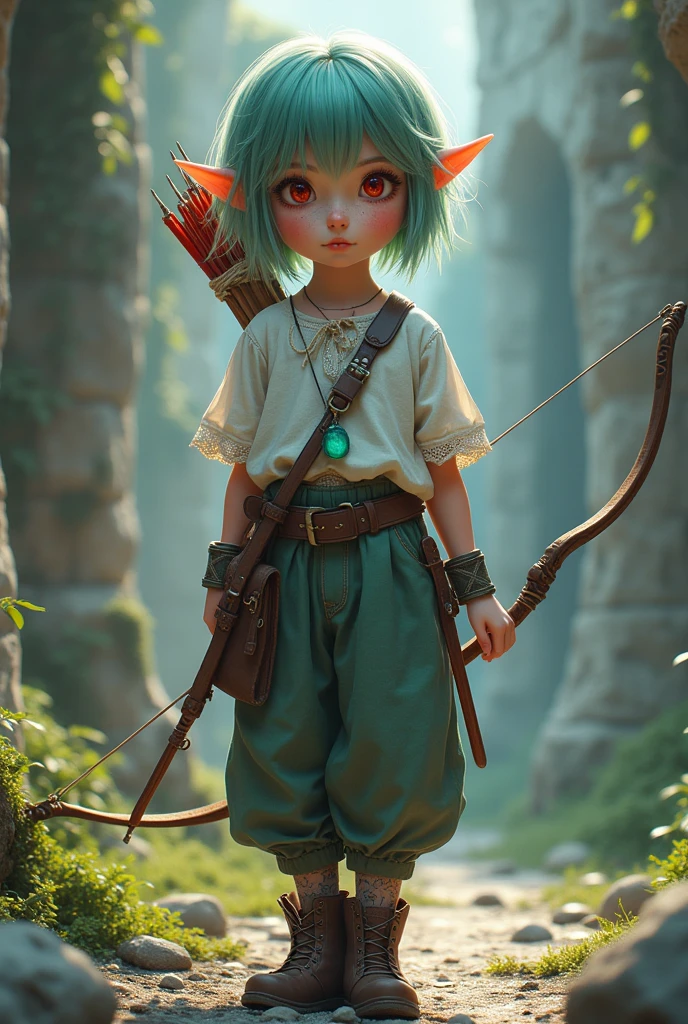 ((Best Quality)), ((masterpiece)), (detailed), (original), (realist), girl short green and violet hair, medium fire red eyes, Elf's ears, soft smooth skin, small mouth, pink, glow, freckled, Whole body, pants with belt, white shirt with details, cyan pendant, leather shoes, transparent stockings, zodiac, survivor, ruins background, textura refinada glow, bow and arrow costume, mixed clothing, violet locks of hair,