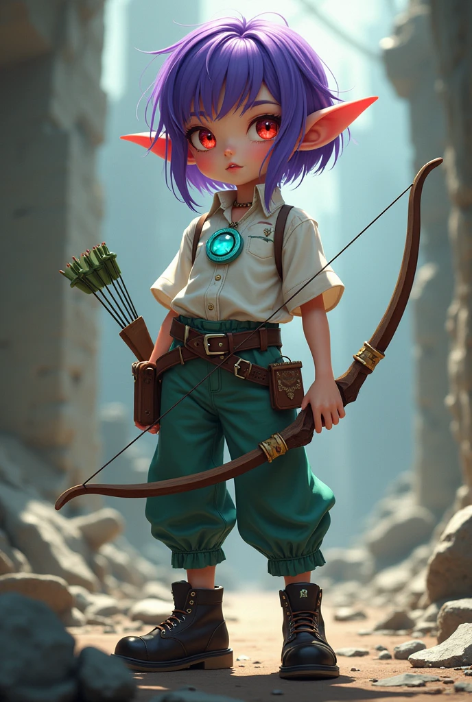 ((Best Quality)), ((masterpiece)), (detailed), (original), (realist), girl short green and violet hair, medium fire red eyes, Elf's ears, soft smooth skin, small mouth, pink, glow, freckled, Whole body, pants with belt, white shirt with details, cyan pendant, leather shoes, transparent stockings, zodiac, survivor, ruins background, textura refinada glow, bow and arrow costume, mixed clothing, violet locks of hair,