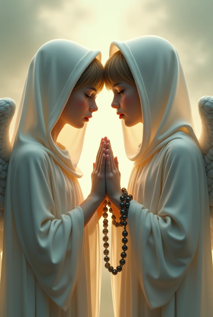 Couple of hooded angels praying holding hands with a rosary