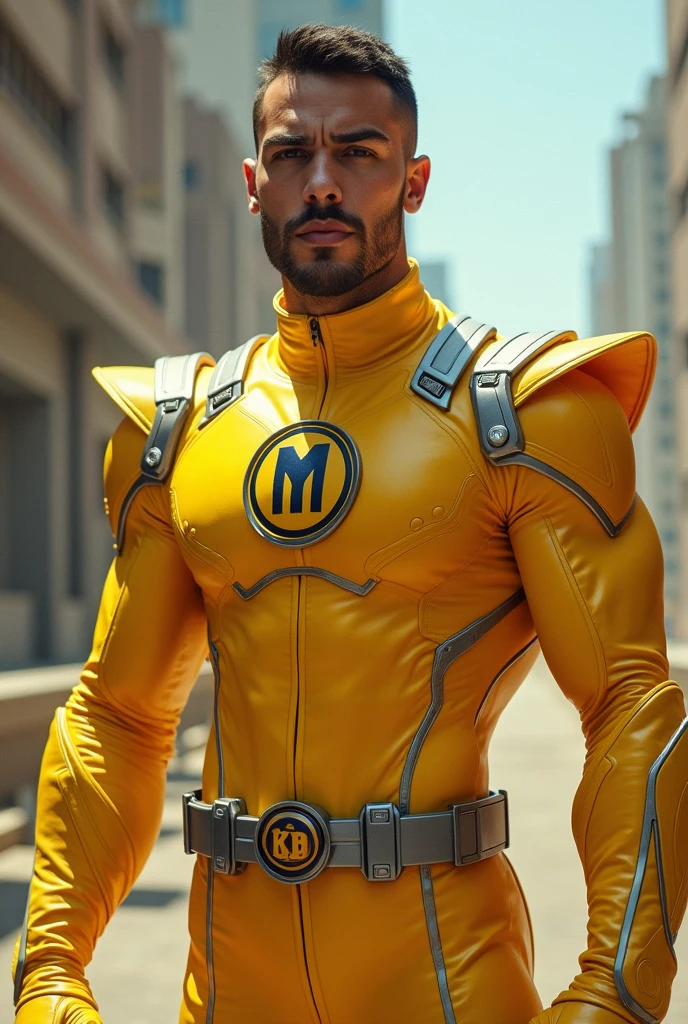 A  man with maclaren logo on his yellow power rangers suit