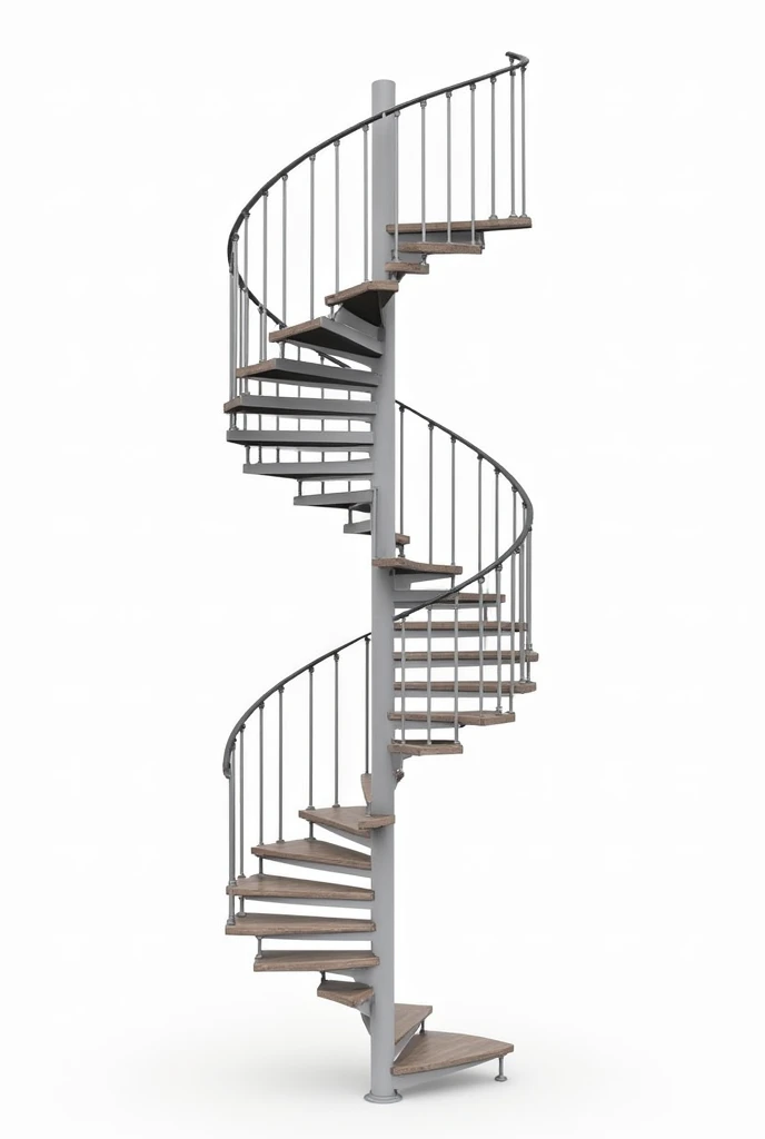 Generate a detailed image of a spiral staircase with the following components
 1. Treads
 2. Risers
 3. Stringers
 4. Handrail
 5. Balusters
 6. Newel post
 7. Landing
 8. Nosing

