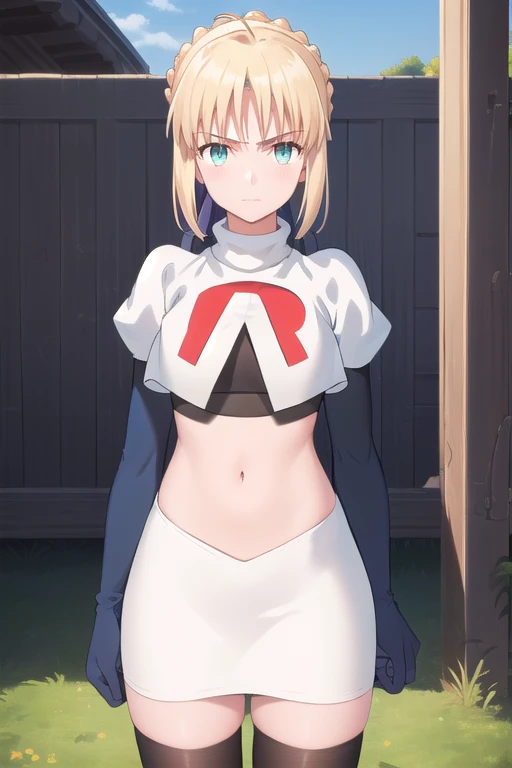 best quality, masterpiece, phSaber, phAltoria, 1girl, solo, blue ribbon, looking at viewer, french braid, hair bun, short hair, outdoors, team rocket,team rocket uniform,white skirt,red letter R,crop top,black thigh-highs,black elbow gloves