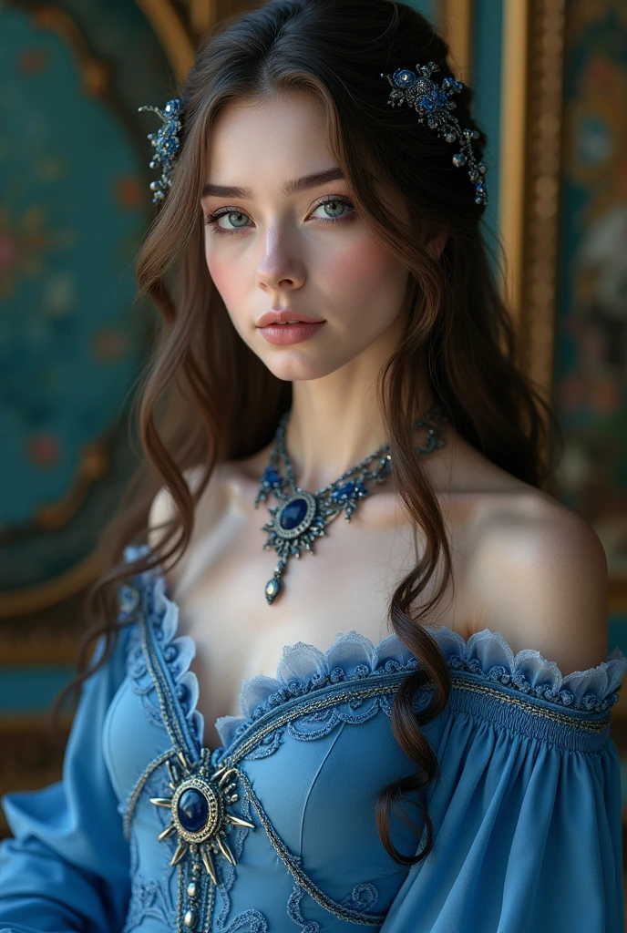 A woman with pale skin, long, wavy brown hair with a thick streak of white and has lilac eyes. She wears a silver and dark blue sapphire necklace.. And she wears a blue medieval princess dress with sea details..