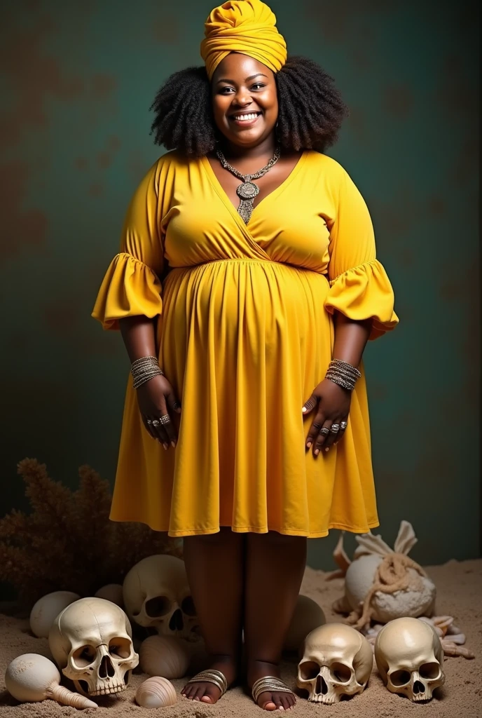 A plump woman between 40-43 years old, has African descent but her skin is white, and she is white Cuban, with her hair curly, and with a yellow turban and a yellow dress, at her feet she has skulls and sea shells , also wears some bracelets and rings, with a friendly smile.