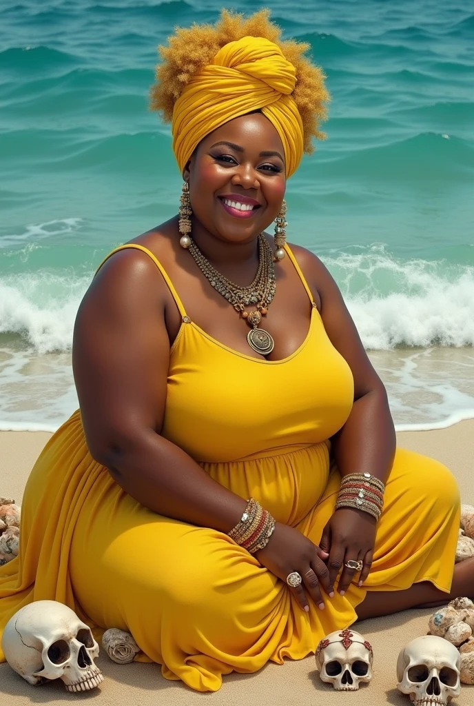 A plump woman between 40-43 years of age, has African descent but her skin is white, and she is white Cuban, with her curly yellowish hair, and with a yellow turban and a yellow dress, at her feet she has skulls and shells. sea, also wears some bracelets and rings, with a friendly smile.