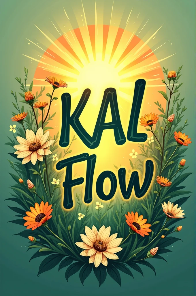 Create a t-shirt emblem with the words KAL Flow with the green background flowers with sunbeams
