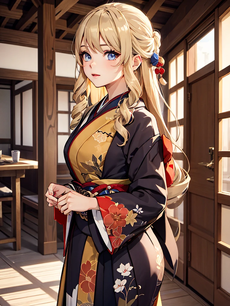 (Navia), 1girl, wearing a long Japanese kimono, at a village, blonde hair, 8k, high detailed, high quality