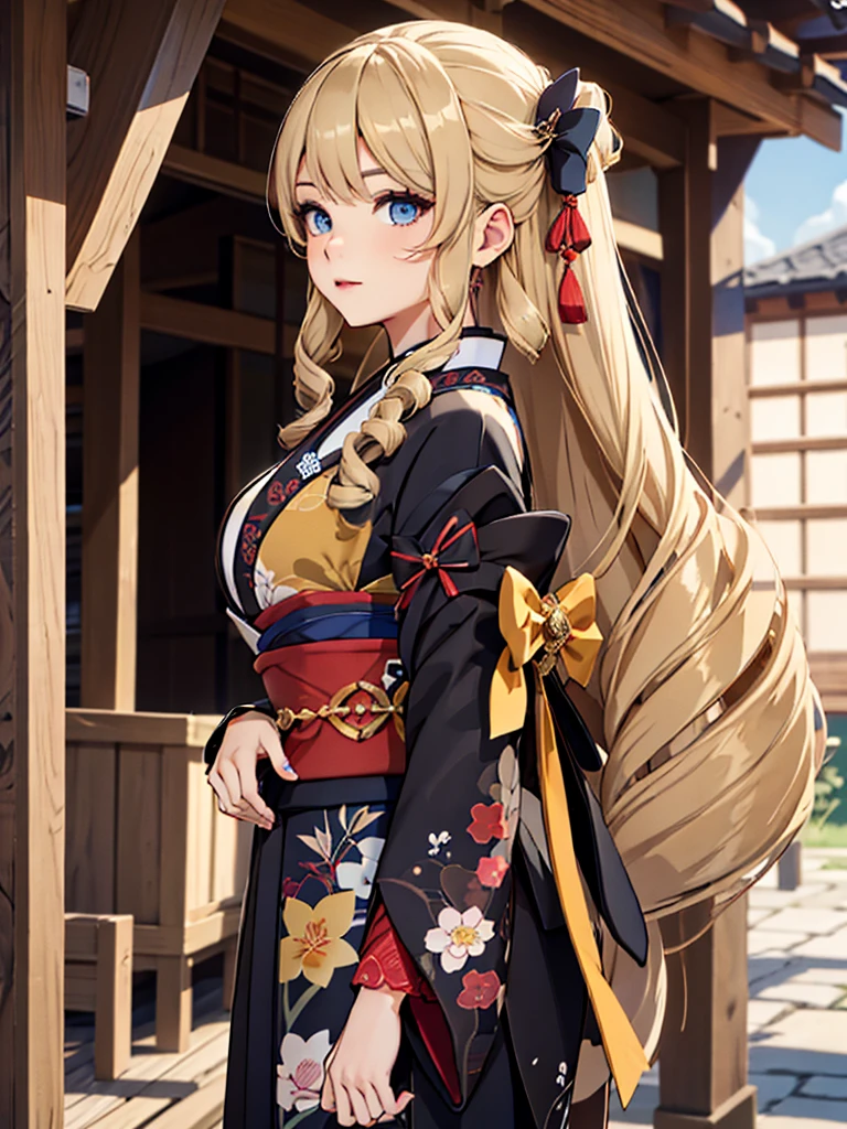 (Navia), 1girl, wearing a long Japanese kimono, at a village, blonde hair, 8k, high detailed, high quality