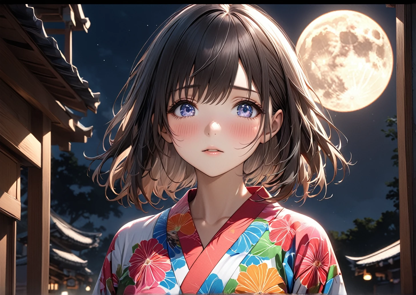 (Highest quality, 8k,masterpiece), Ultra-realism, Moonlight Confession, A girl wearing a colorful yukata, Announce to the audience, Look at me, Aesthetic eye, blush, Nervous, Cute upward glance, Big full moon, Very dark night, Break backlight, Expose, , Aesthetic Expression of Moonlight, Dramatic Shadows, look at me, あなたのことが好き❤️,