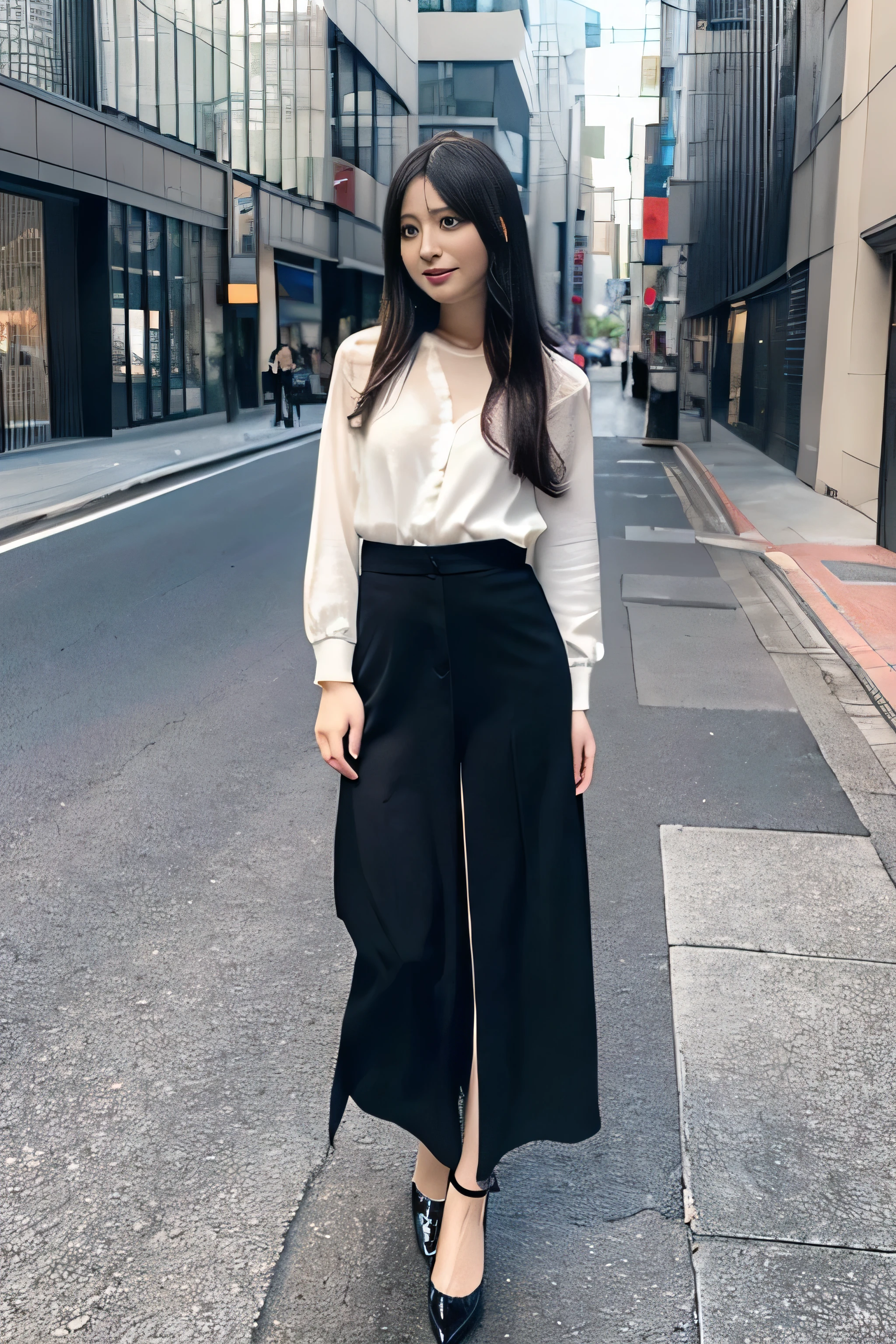 Highest quality, Masterpiece: 1.3, Ultra high resolution), (Ultra detailed, Caustics, 8k), (Realistic: 1.4, RAW capture) "A highly realistic full-body portrait of a Japanese woman around 25 years old, with long black hair, standing and facing forward. She exudes an adult and sophisticated atmosphere with a friendly yet confident expression. She is dressed in a stylish, modern outfit that reflects current Japanese fashion, suitable for her age. The entire body should be visible from head to toe, including her feet and shoes. The background is simple and neutral, enhancing the realism and mature vibe of the scene."