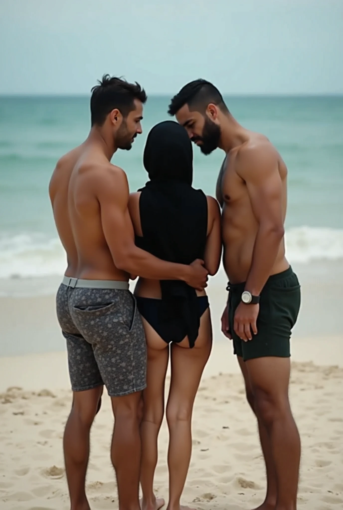 Black headscarf on the beach, Weak, barefoot woman below the waist, men are touching