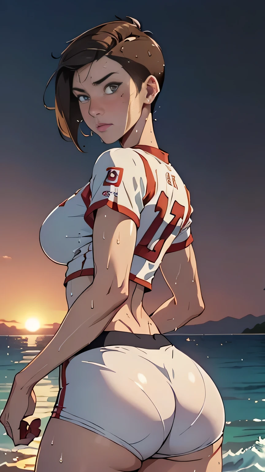 photo of mlp Meowko, RAW, beautiful woman, ((portrait)), ((detailed face:1.2)), ((anime face, anime facial feature, beautiful anime mouth, clear skin, clear skin), (short messy lesbian haircut, one shaved side, brunette: 1.55), (perfect proportioned body, Strong, muscular, narrow waist, narrow hips, skinny, large breasts), (shot from behind to capture shorts stuck up in ass crack, (A girl playing volleyball, white volleyball uniform), (sweating:1.2), (wet), sexy), (Beach sandy, sunset on the water, evening), (realistic photo, best quality, detailed), (8k wallpaper), (cinematic lighting, beautiful light, (day:1.3)) (sharp focus, intricate)