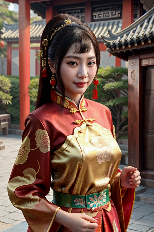 (((chinese woman))), ((in traditional Chinese clothing)), traditional Chinese female jewelry, traditional Chinese female makeup, in a Chinese garden, smiling, nsfw, uncensored, (((realistic rendering)))