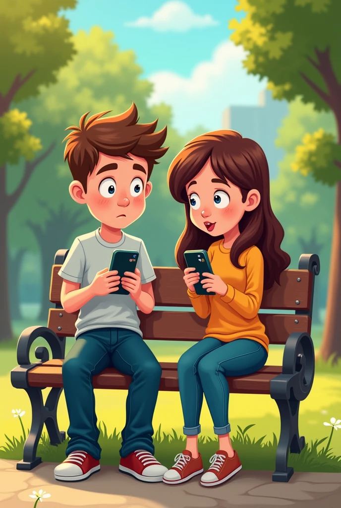  a park, Of friends, Charles and Anna, sitting on a bench. They are both looking intently at their phones and not looking at each other&#39;s faces.. cartoonish 

