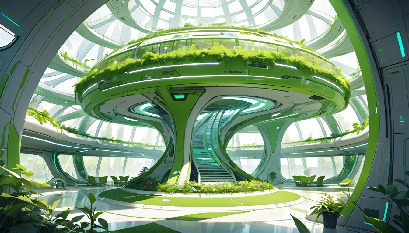 Interior view of a futuristic eco-friendly hotel, in a futuristic ecological green city.