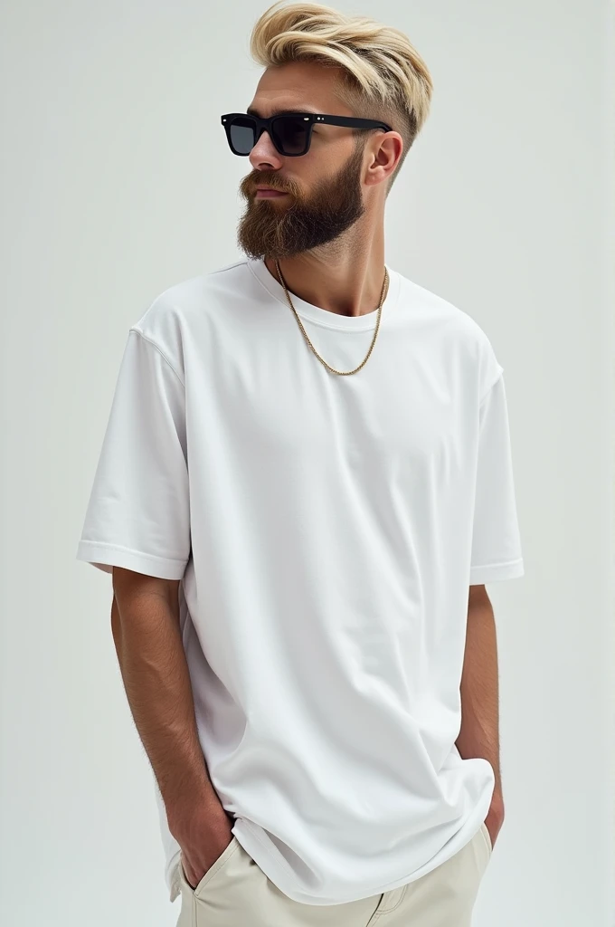  Create a unique profile picture based on influencer Ruyter Poulbel , with blonde hair, white oversize shirt , pants and sunglasses and beard , shorth hair , basic white t-shirt and goatee , the futuristic image 
