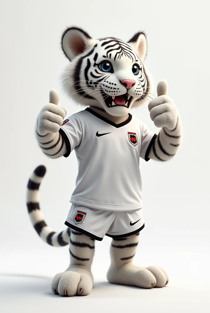 Photorealistic portrait of dressed animals:  white tiger as a soccer player,( dynamic action pose, putting out the thumb, winking), high quality,(charming) ,intricate details, Very detailed ((white soccer uniform)) ,Very detailed, (happy), studio lighting,(full body image:1.5)