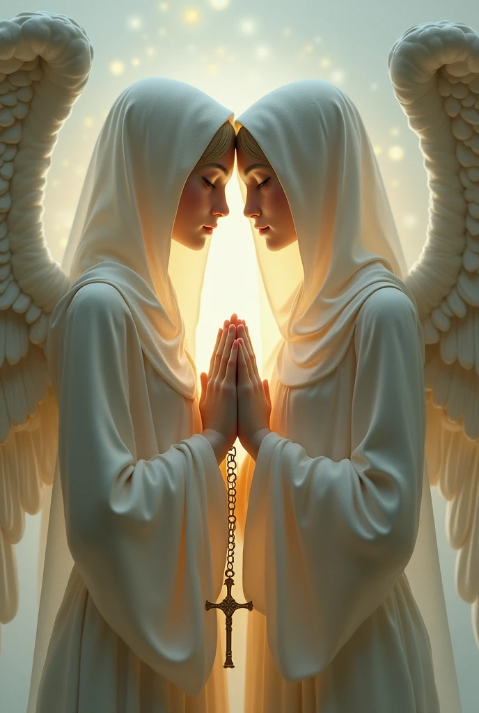 Couple of angels with hoods praying holding hands with a rosary Full body image 
