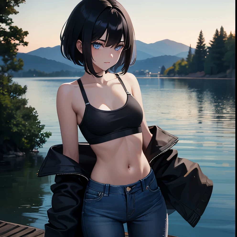[(Beautiful young girl) (short black hair) (blue eyes) (flat chest)]  ([high Definition] [correct anatomy]): (in the edge of a lake) (wearing jeans) (wearing a black bra) (standing) 