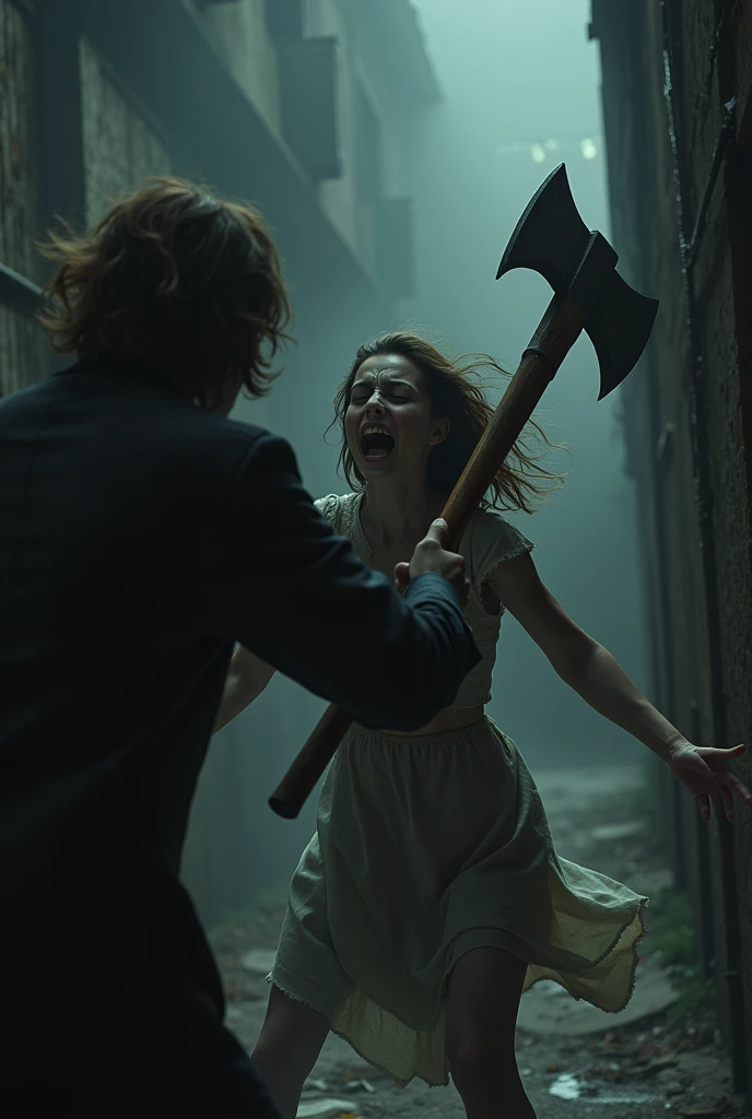 A woman being murdered with an axe