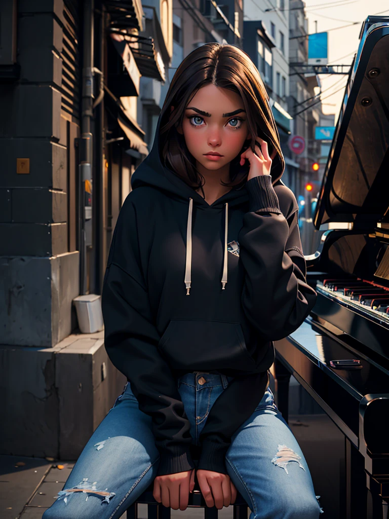 a pretty young brunette girl, 22 years old, wearing a black hoodie and blue jeans, is sitting on a piano an urban street, pensive and slightly sad expression, detailed facial features, detailed eyes and lips, intricate urban background, moody lighting, cinematic composition, photorealistic, high quality, 8k, ultra-detailed