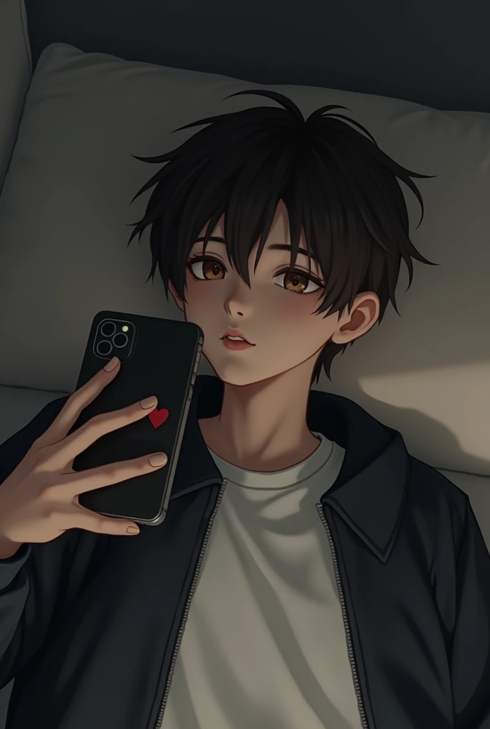 (photorealism: 1.2), of a boy taking a selfie in a horizontal position, as if lying down. The boy has short hair, dark brown, a little messy. his face is pale, The facial features are soft, with a neutral expression. He is wearing a dark colored jacket, probably black, with the zipper slightly open, and underneath you can see a light t-shirt, white. The boy holds a black smartphone with his right hand, partially covering the lower part of her face. The phone has a little red heart on the back. The details of the background are, Predominantly dark tones with soft shades of grey and beige.