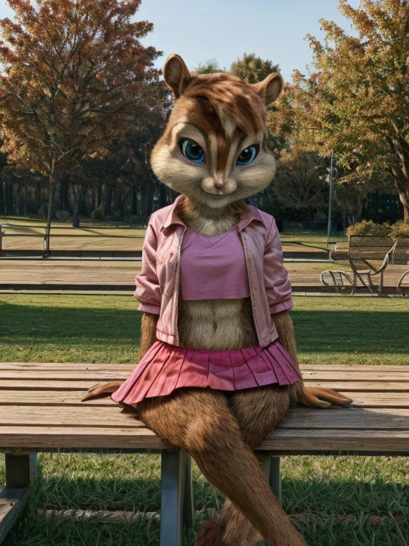 score_9, score_8_up, score_7, score_6, park, brittany miller, chipmunk, furry, short ears, light pink shirt top, jean jacket, pink skirt with black polka dots, sitting on bench, looking at viewer, 6 inches tall