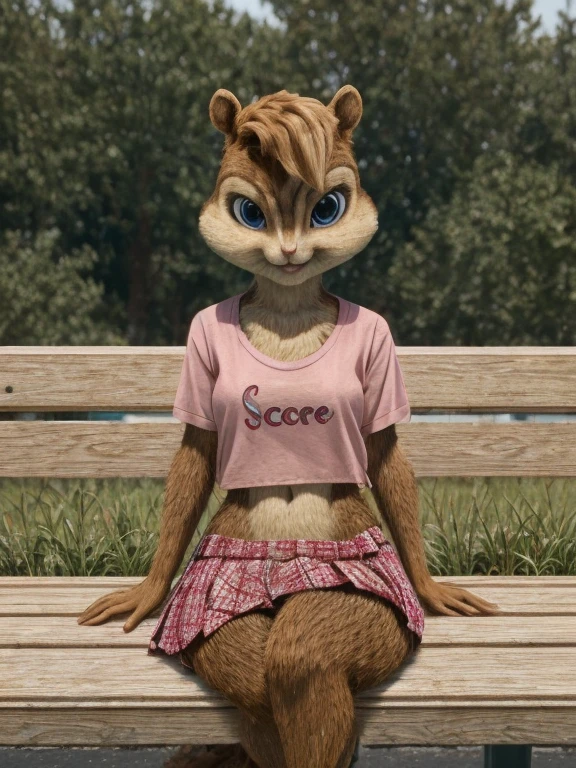 score_9, score_8_up, score_7, score_6, park, brittany miller, chipmunk, furry, short ears, light pink shirt top, jean jacket, pink skirt with black polka dots, sitting on bench, looking at viewer, 6 inches tall