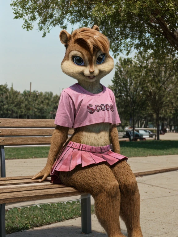 score_9, score_8_up, score_7, score_6, park, brittany miller, chipmunk, furry, short ears, light pink shirt top, jean jacket, pink skirt with black polka dots, sitting on bench, looking at viewer, 6 inches tall